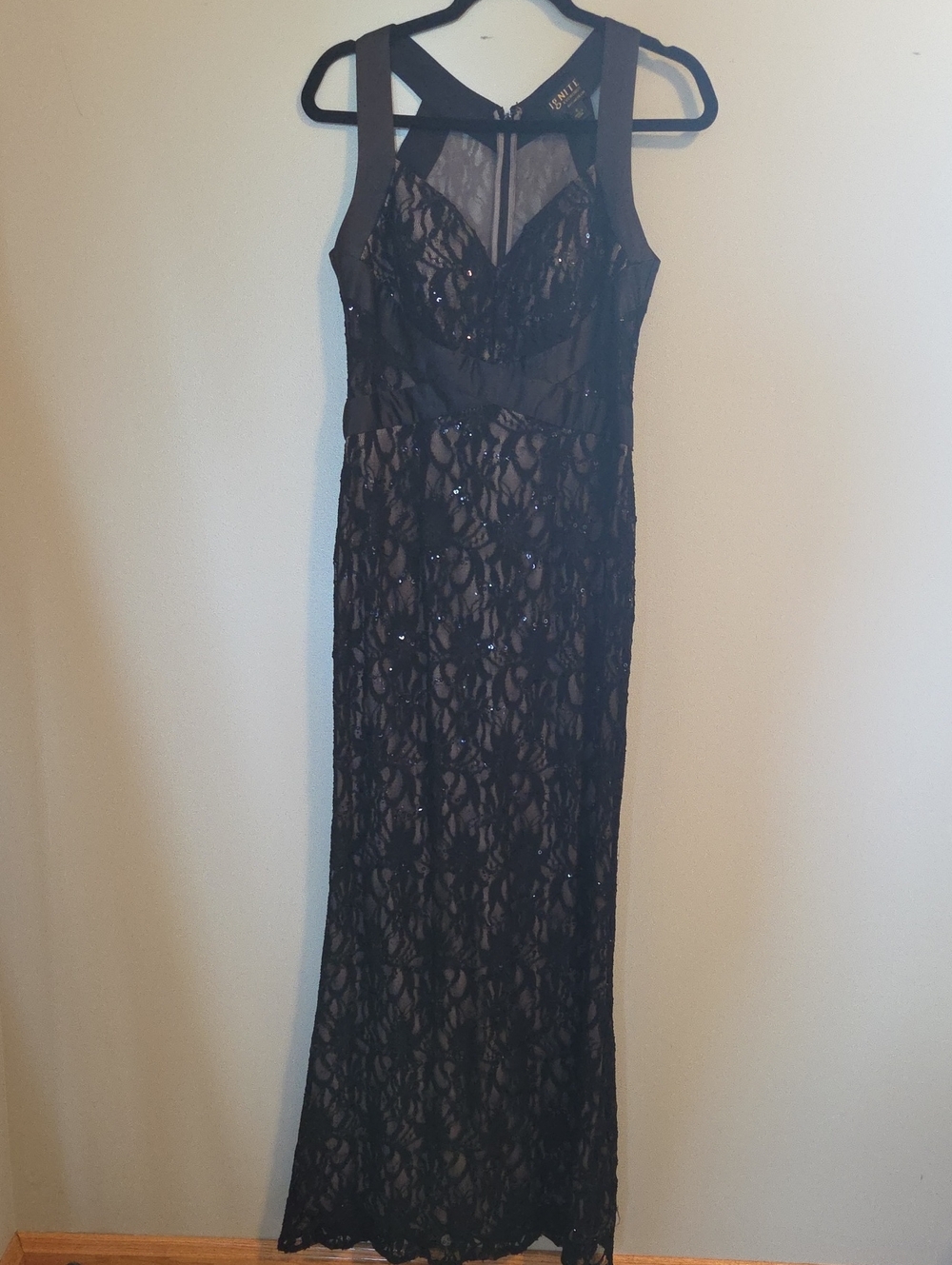 Sleeveless Black Lace Maxi Dress with Sheer Bodice